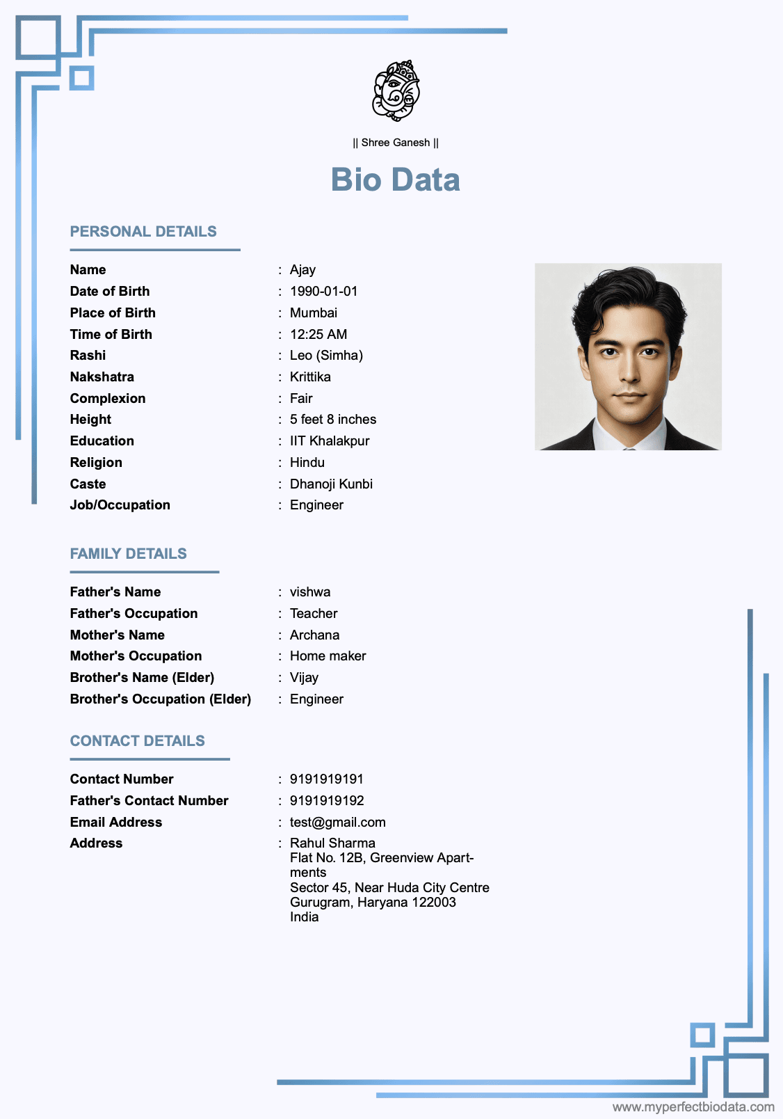 South Indian — Girl marriage biodata example