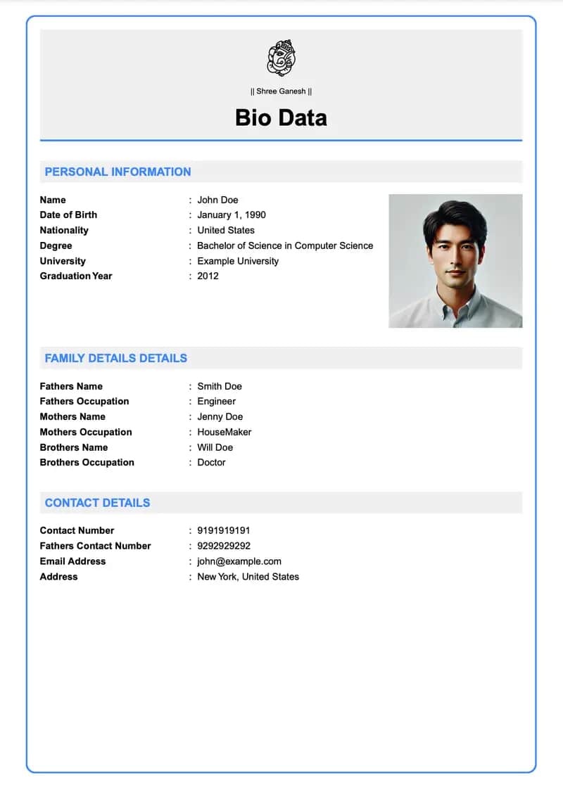 আধুনিক পেশাদার marriage biodata template