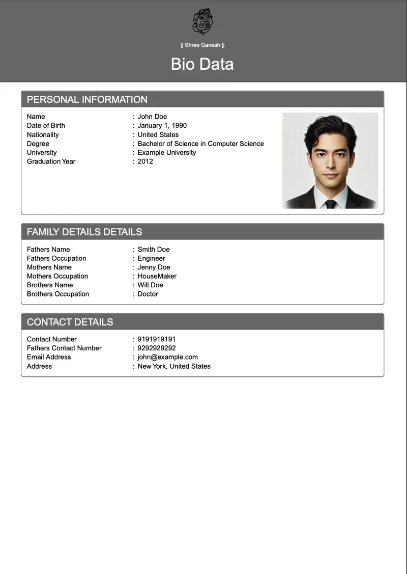 ਪੇਸ਼ੇਵਰ ਸਮਕਾਲੀ marriage biodata template