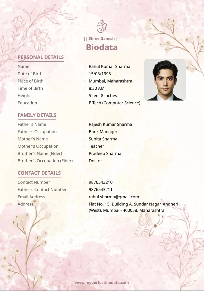 Watercolor Bloom marriage biodata template